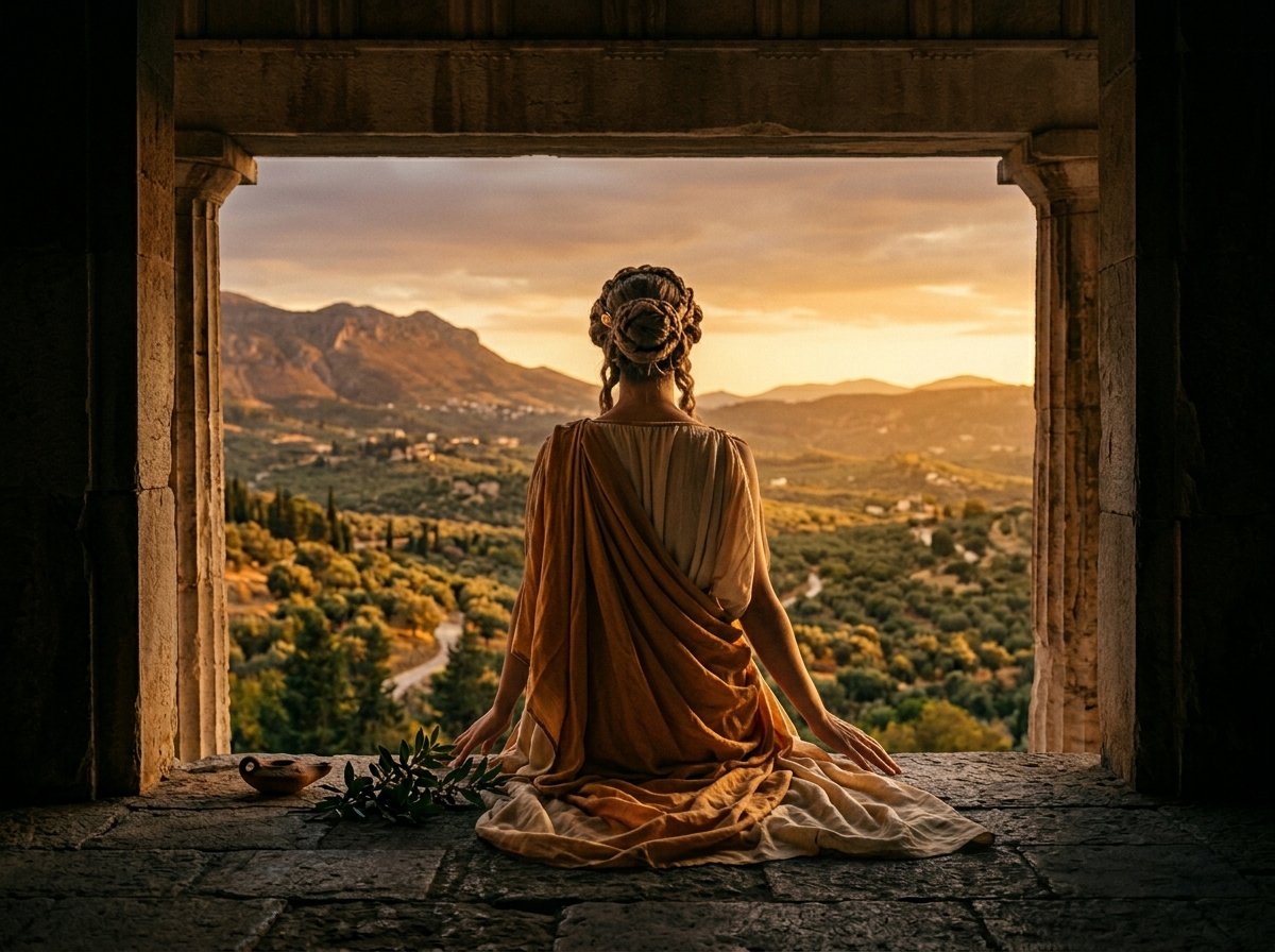 Diotima de Mantinea en el umbral de un templo griego, de espaldas, mirando hacia un paisaje de olivos al atardecer
