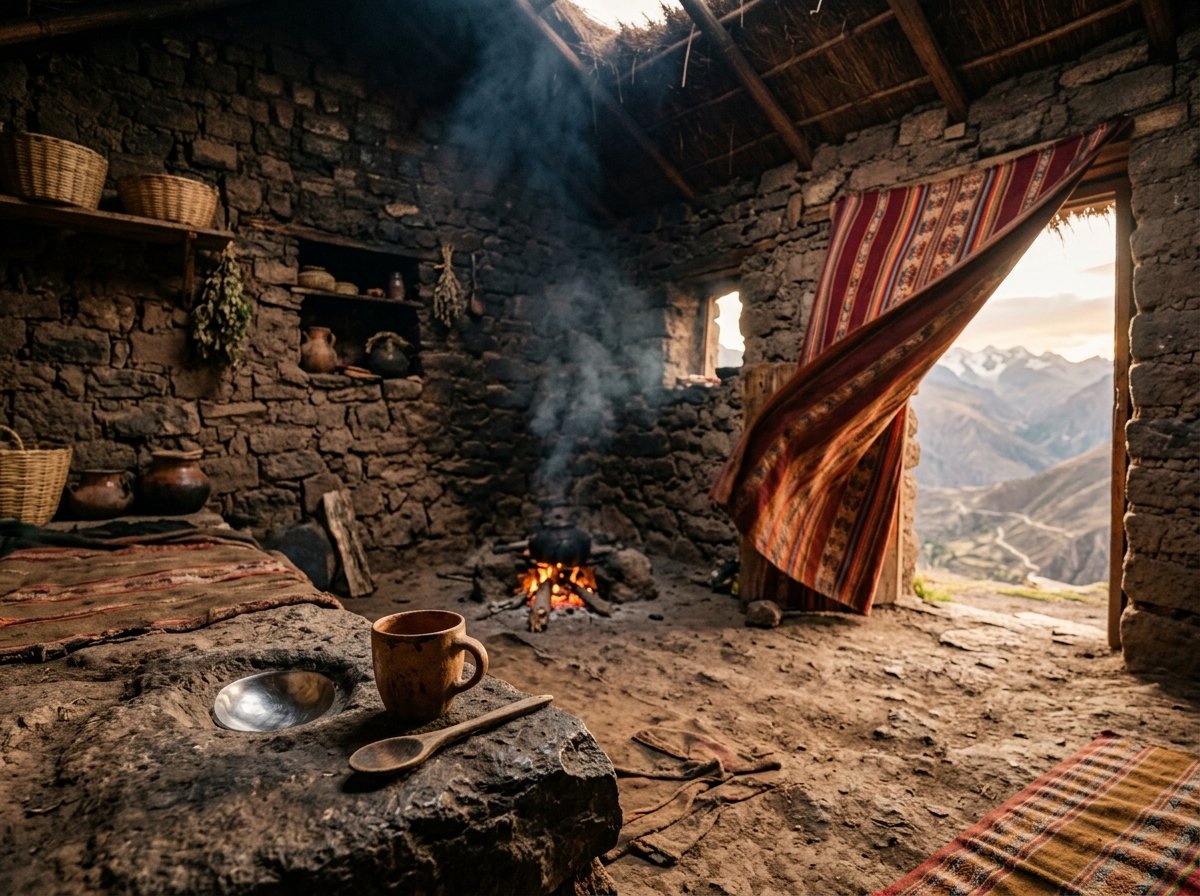 Interior de una casa de piedra andina con un aguayo tejido en la puerta, fogón encendido y montañas al fondo